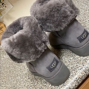 Ugg boots, charcoal grey, slightly heeled.